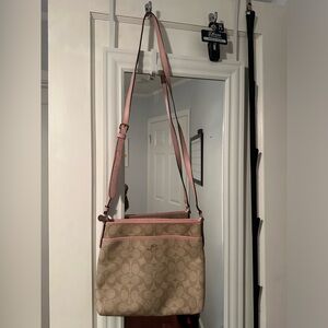 Coach Designer Leather Patterned Beige Pink Adjustable Strap Crossbody Purse Bag